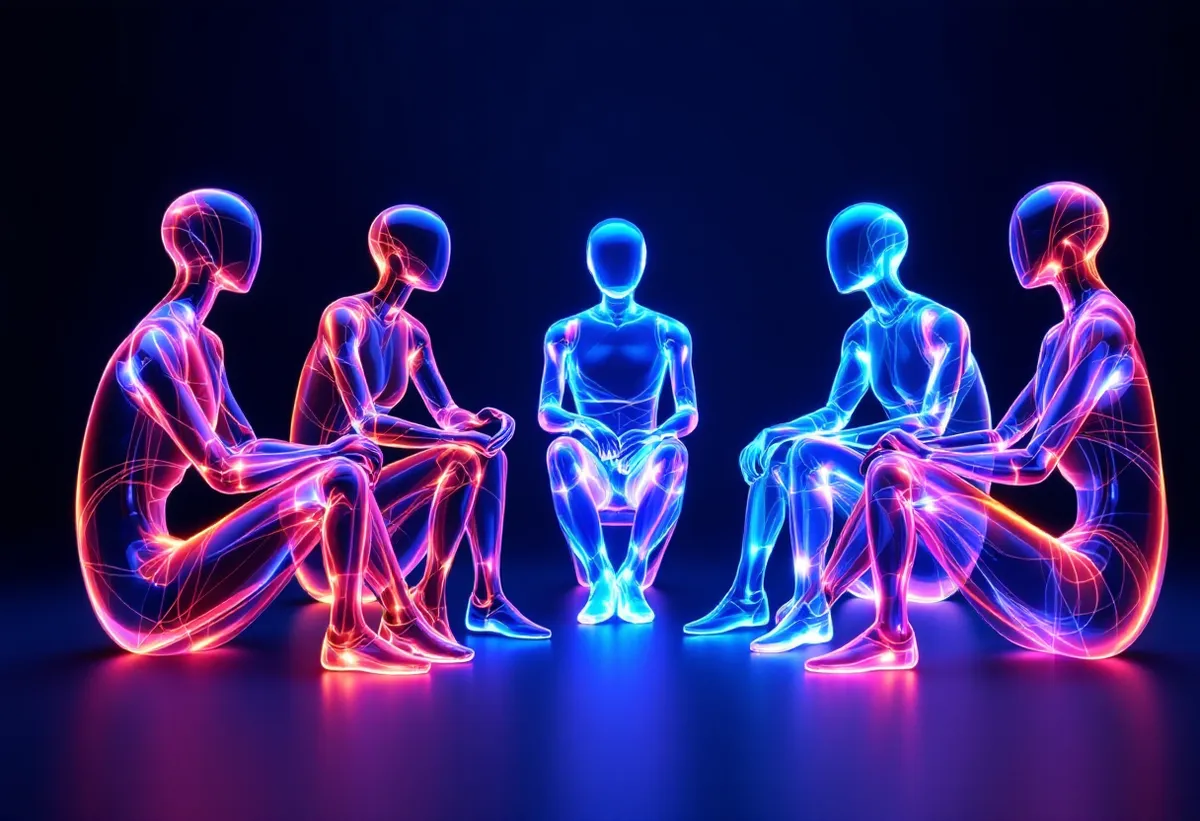 Vijf doorschijnende figuren van licht die in een halve kring met elkaar in gesprek zijn.