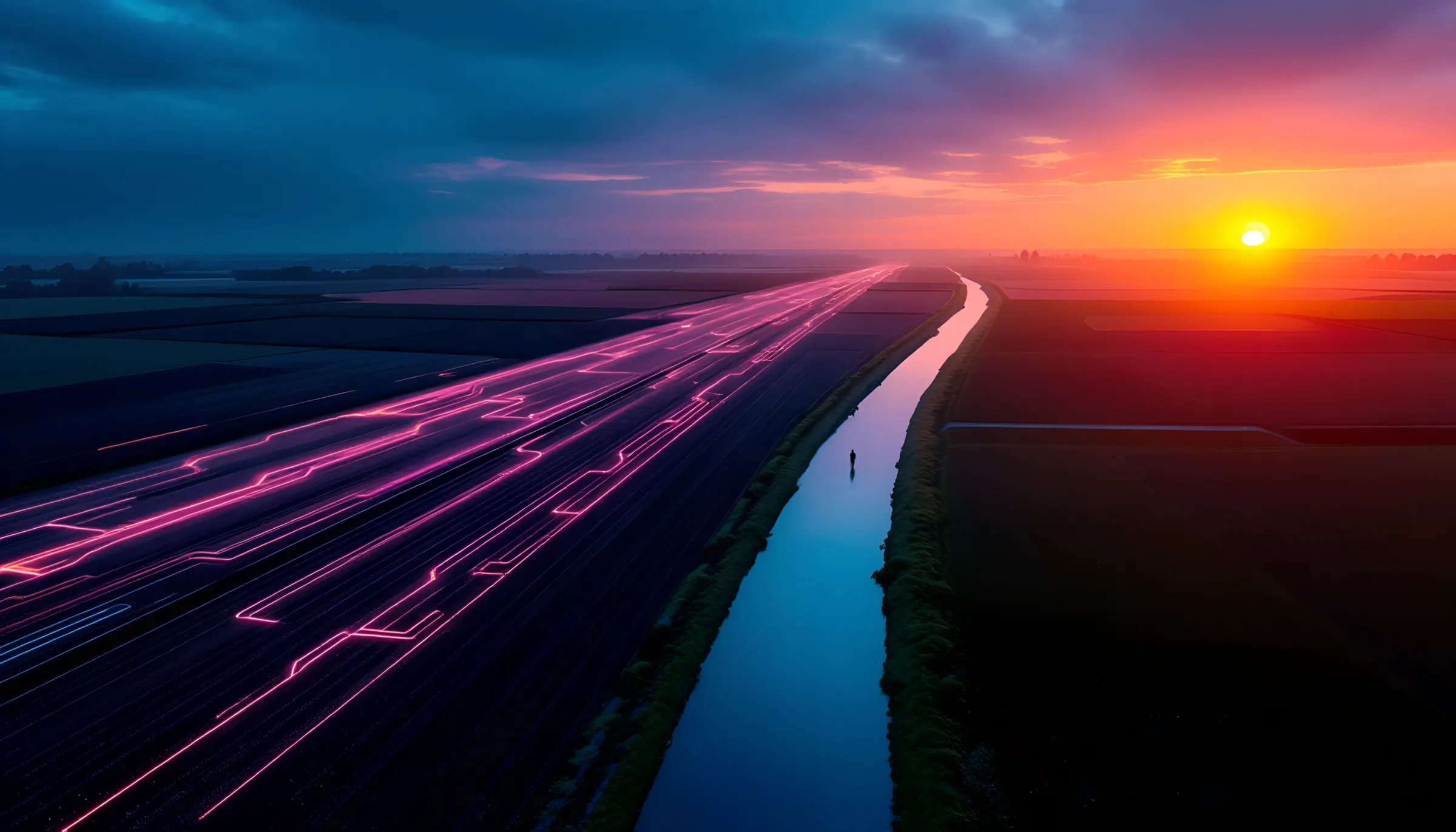 Een Nederlandse polder in de schemering, vanuit de lucht gezien. De voren in de akkers lichten op als sporen op een printplaat en lopen door tot aan de horizon.