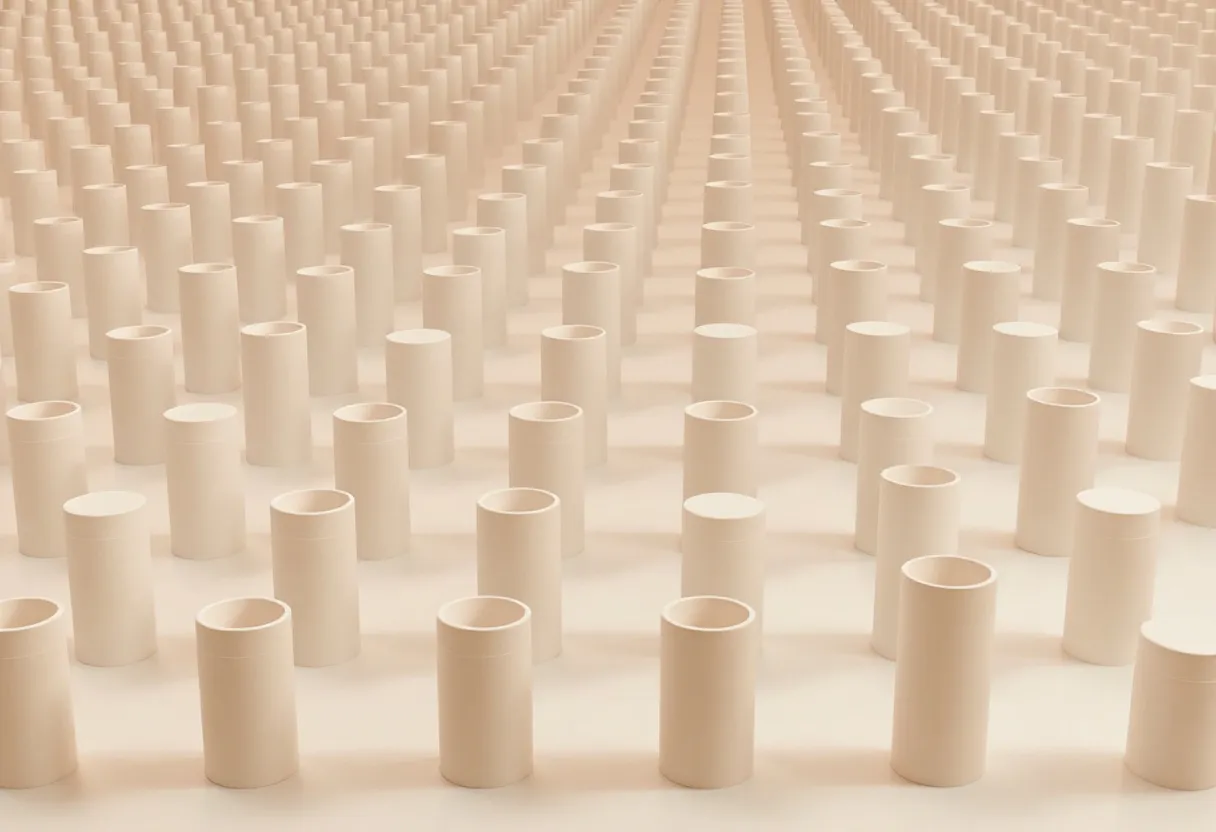 Rows of identical pale cream cylinders standing upright in a regular grid that recedes into the distance.