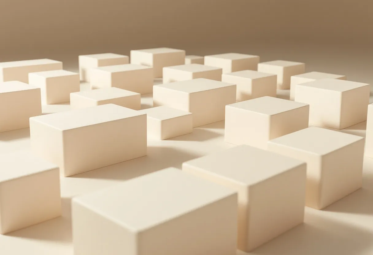 Pale cream rectangular blocks arranged in a loose grid across a warm surface, like units in a plan.