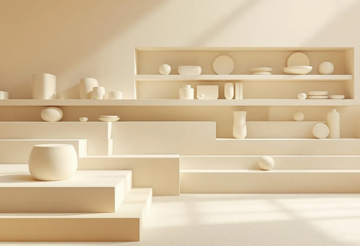 Pale objects arranged along a series of stepped shelves and tiers in warm off-white tones.