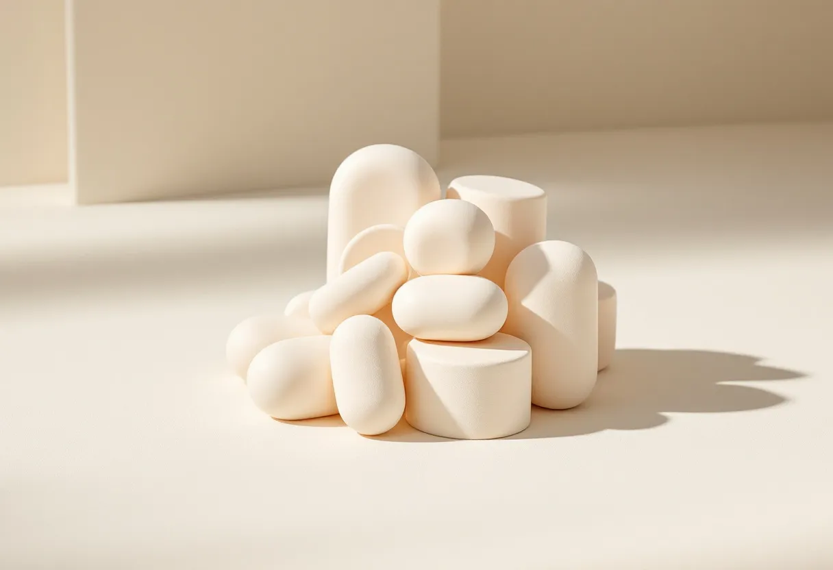 A small tight cluster of mixed pale rounded and cylindrical forms grouped closely, lit from the side.