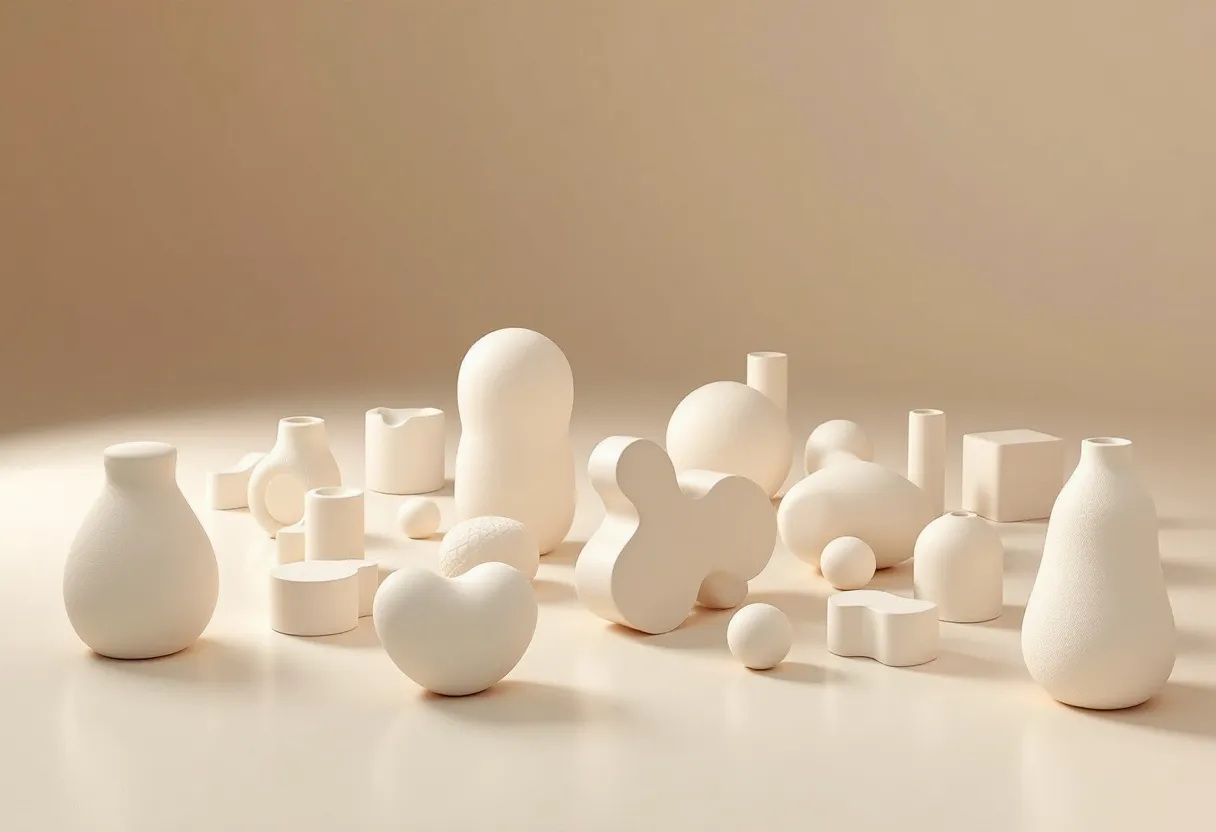 Pale cream sculptural forms of many different shapes, spread apart across a warm off-white surface.
