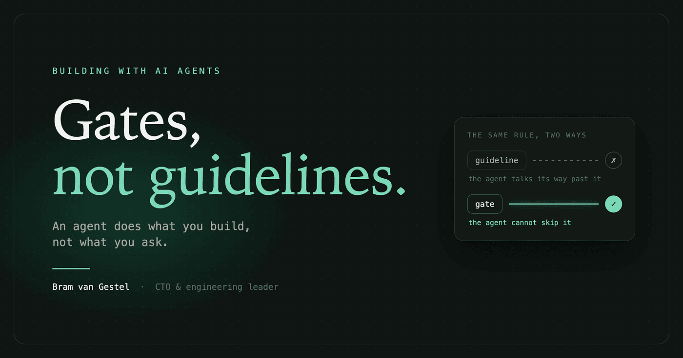 Title slide reading 'Gates, not guidelines' with the subtitle 'An agent does what you build, not what you ask,' bylined Bram van Gestel, CTO and engineering leader, beside a small panel contrasting a dashed guideline the agent talks its way past with a solid gate the agent cannot skip.