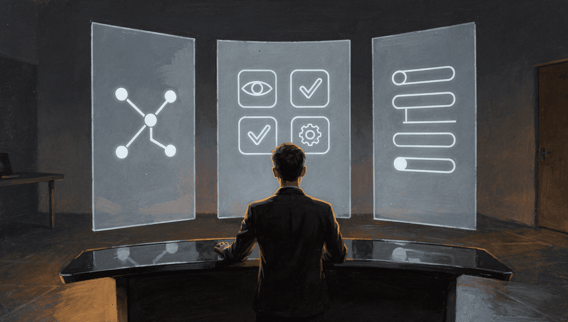 A painted scene of a person seen from behind at a curved control desk, facing three glowing translucent panels: one showing a small network of connected nodes, one showing a grid of simple icons, one showing a checklist with a few items already checked off.