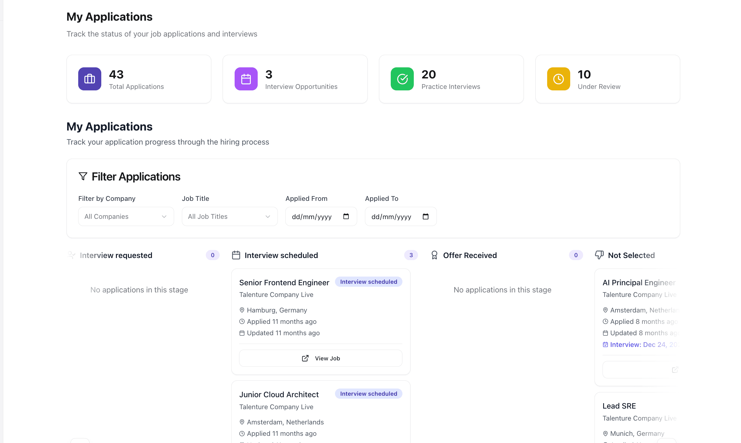 A candidate's application pipeline: counters for 43 total applications, 3 interview opportunities, 20 practice interviews and 10 under review, above columns for interview requested, interview scheduled, offer received and not selected.