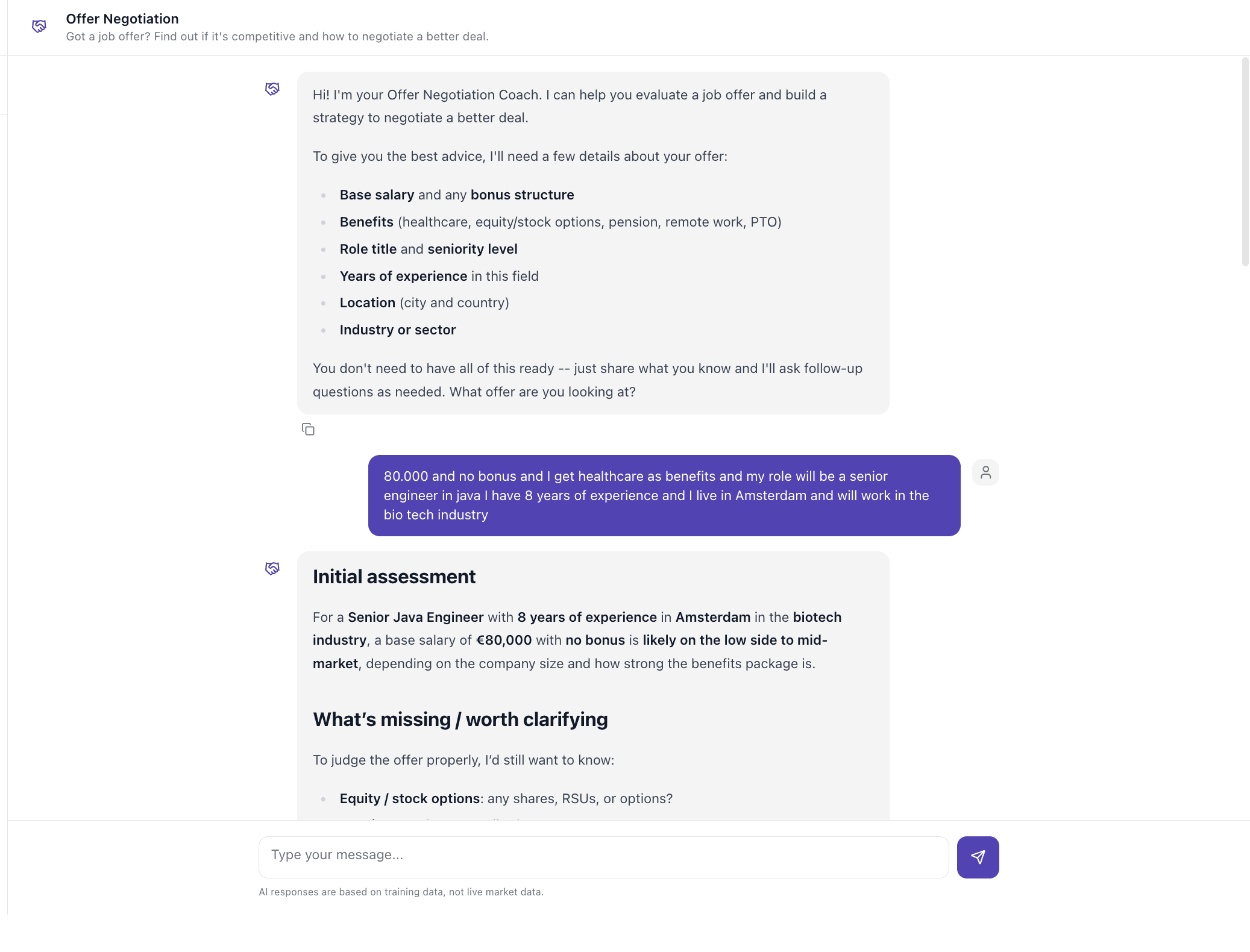 Talenture's offer negotiation coach: the candidate describes an 80,000 euro senior Java role in Amsterdam, and the assistant returns an initial assessment placing that salary low to mid-market and lists what it would still need to judge the offer.