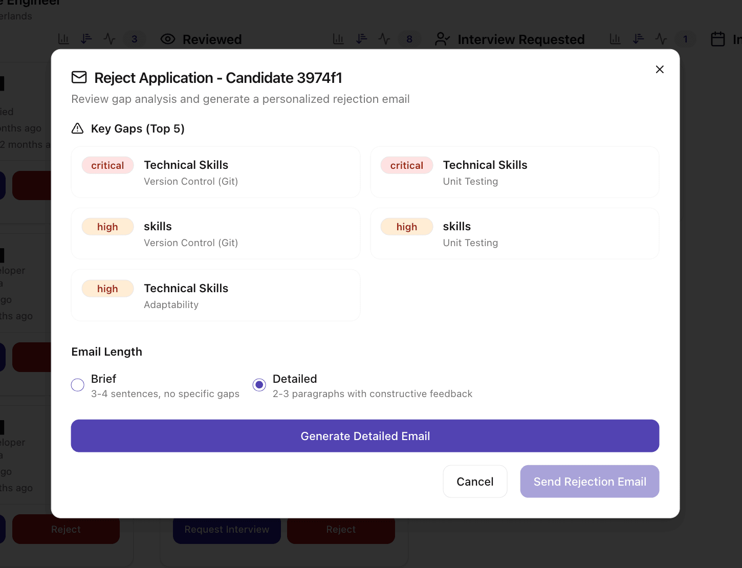 A reject dialog listing five ranked gaps for a candidate, a choice between a brief and a detailed rejection email, a button to generate the email, and a separate send button that stays inactive until it has been generated.