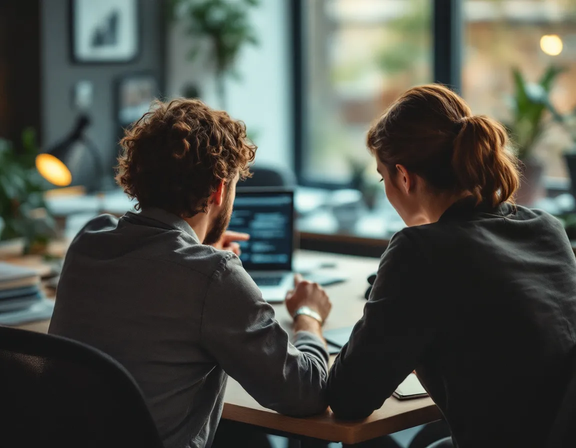 Two colleagues collaborating over a laptop at a shared desk, viewed from behind, in warm natural office light.