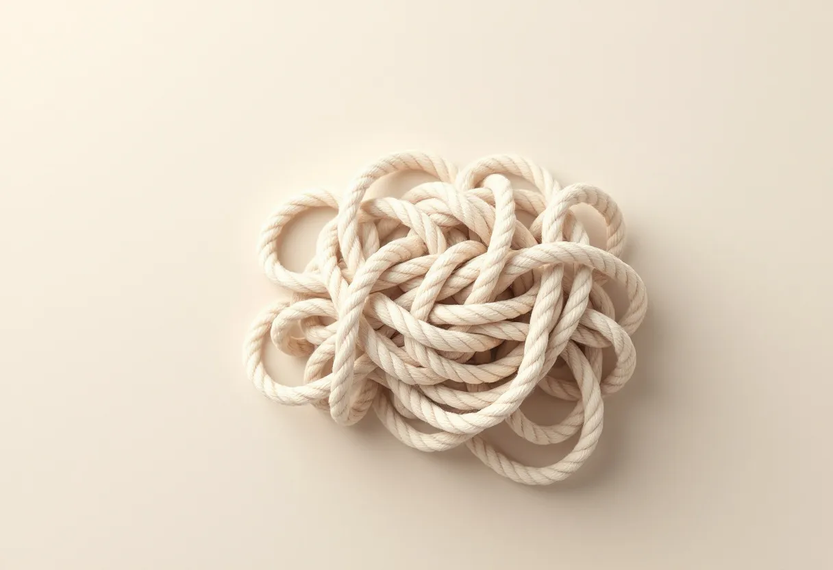 A tangled heap of pale rope, knotted and interwoven.