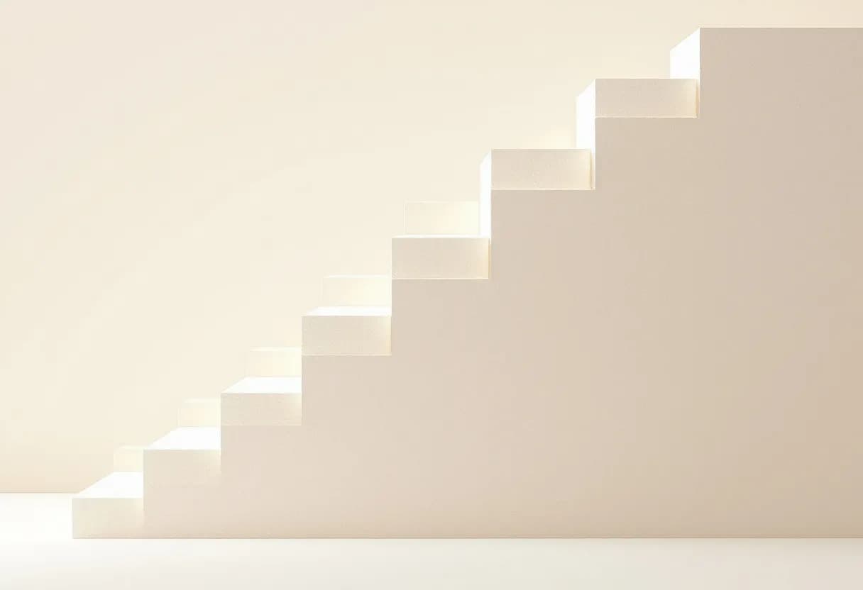 An ascending staircase of identical pale blocks rising into soft light.