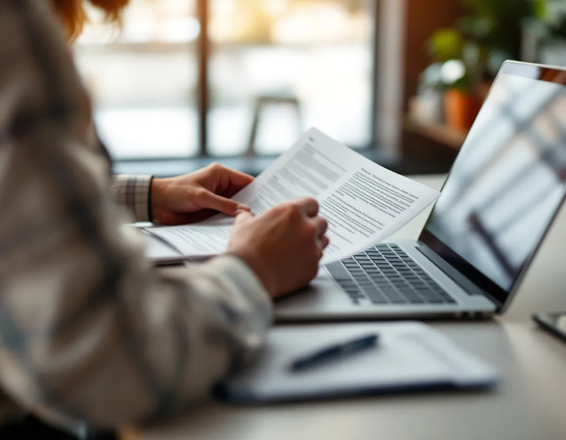 Seen from behind, a person at a desk reviews a printed document beside an open laptop in warm office light.