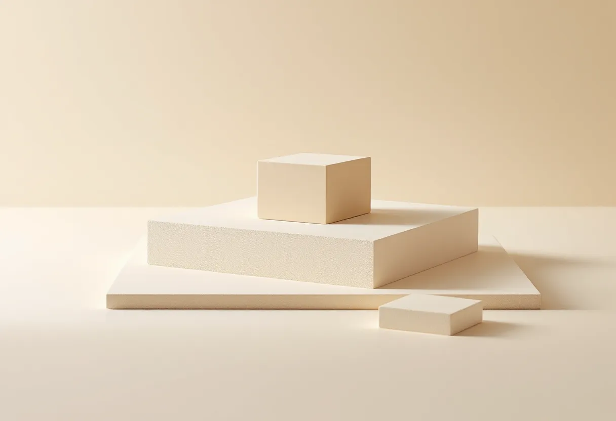 Een klein bleek blok, rustend op een breed bleek platform, met een tweede klein blok ernaast, op een warme ondergrond.