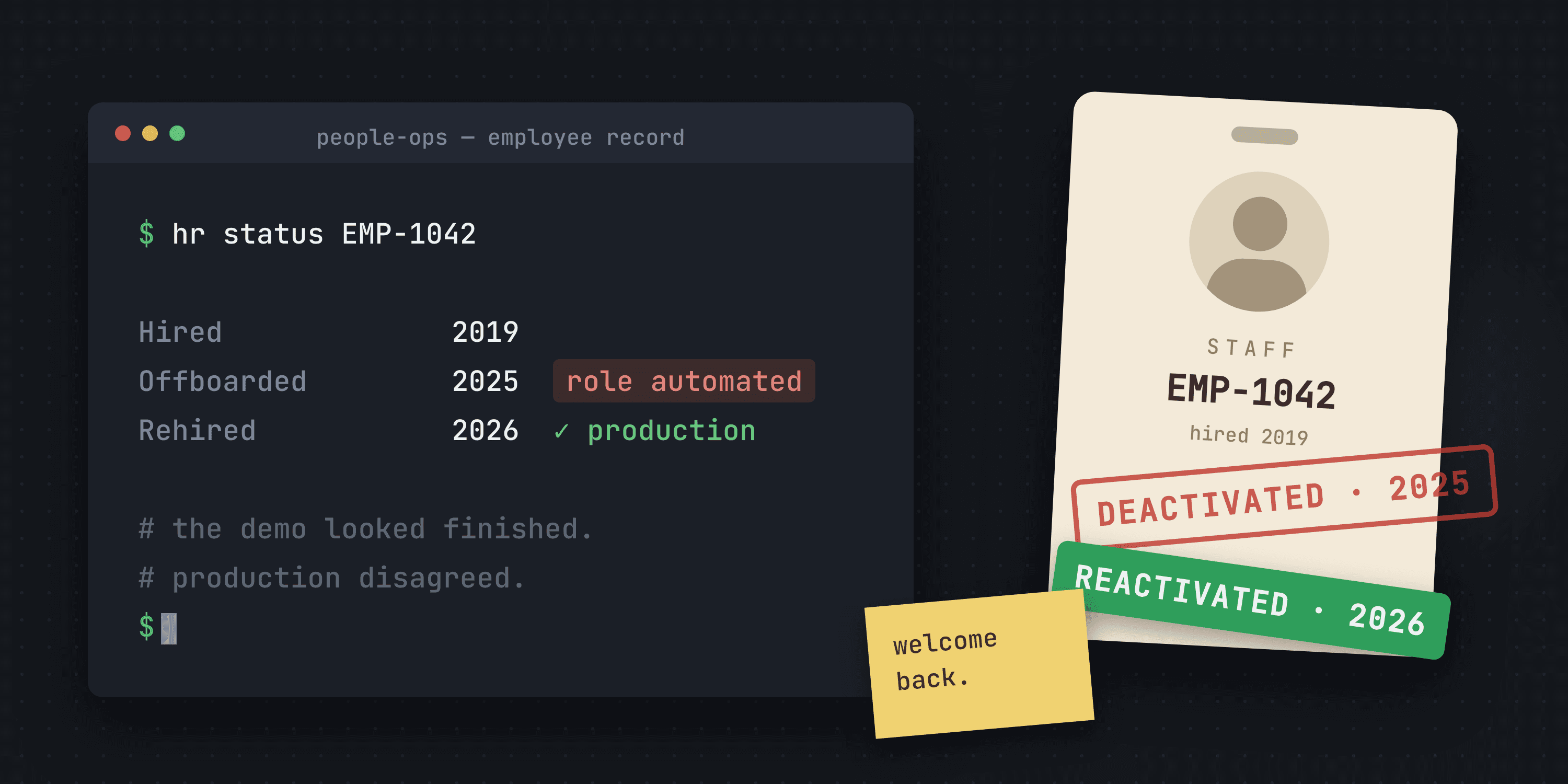 An HR console window shows one employee record: hired 2019, offboarded 2025 with reason role automated, rehired 2026 with reason production. Beside it a staff badge stamped DEACTIVATED 2025, with a REACTIVATED 2026 sticker over it and a sticky note reading welcome back.
